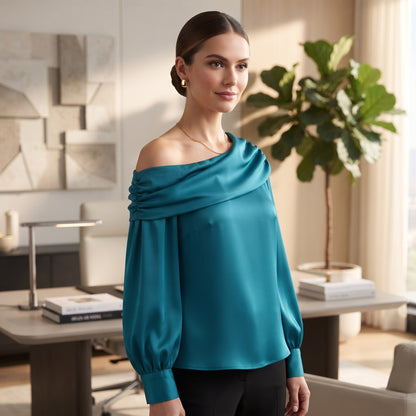 Grace Karin Women's Satin Off-The-Shoulder Blouse – Size L, Green-Blue