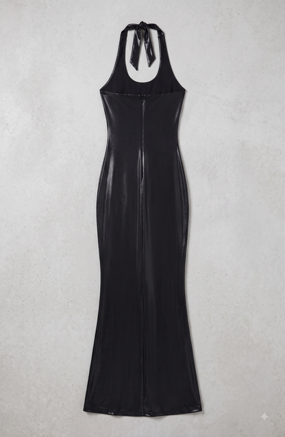 Women's Luxury Metallic Halter Bodycon Maxi Evening Party Dress Gown, Black, Size Medium