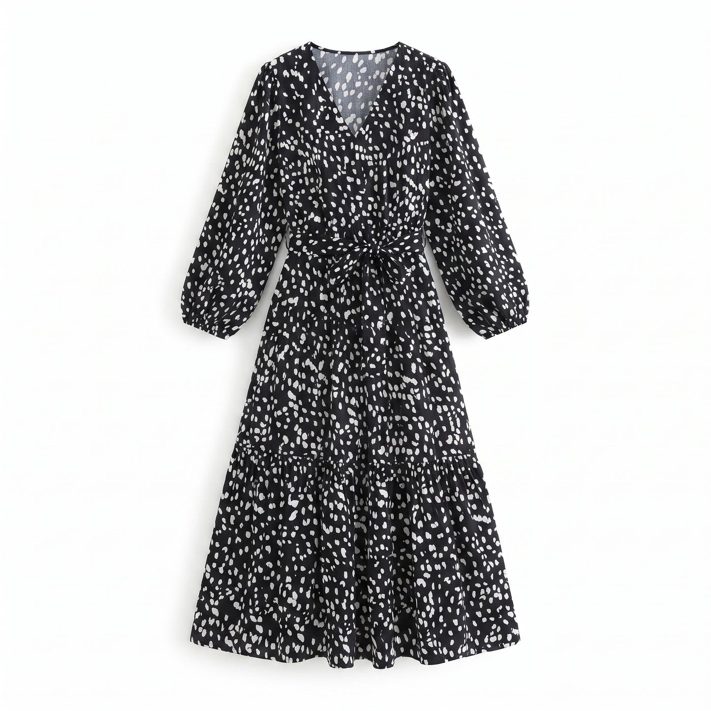 Yoyoveta Women's Leopard Print Long Sleeve V-Neck Ruffled Dress