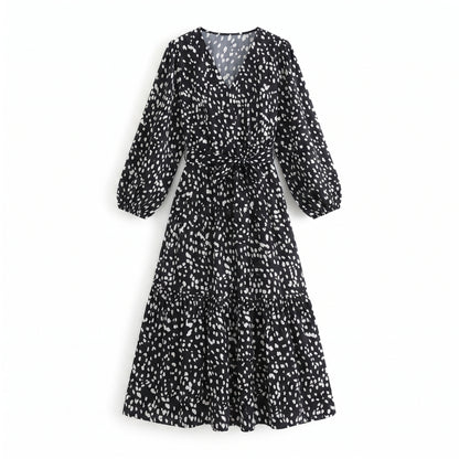 Yoyoveta Women's Leopard Print Long Sleeve V-Neck Ruffled Dress