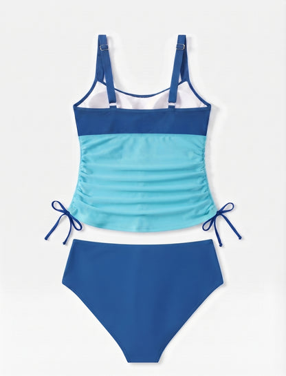ZAFUL Women's Ruched Tankini Swimsuit – V-Neck, High Waist, Tummy Control, Blue, Size XL