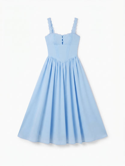 KUTUMAI Women's Summer Lace Square Neck Midi Dress – Light Blue, Size Large (NWT)