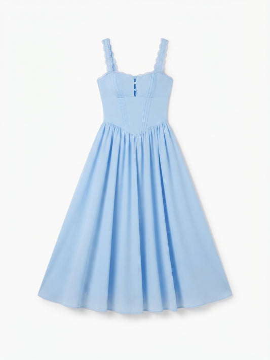 KUTUMAI Women's Summer Lace Square Neck Midi Dress – Light Blue, Size Large (NWT)