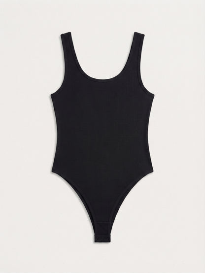 OYOANGLE Women's V Neck Ribbed Knit Tank Bodysuit Top Low Cut Fitted Bodysuits Leotard Black Medium