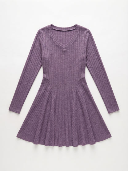 ANRABESS Women Long Sleeve Ribbed Knit Short Dresses Purple Size Medium