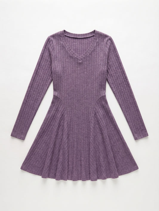 ANRABESS Women Long Sleeve Ribbed Knit Short Dresses Purple Size Medium