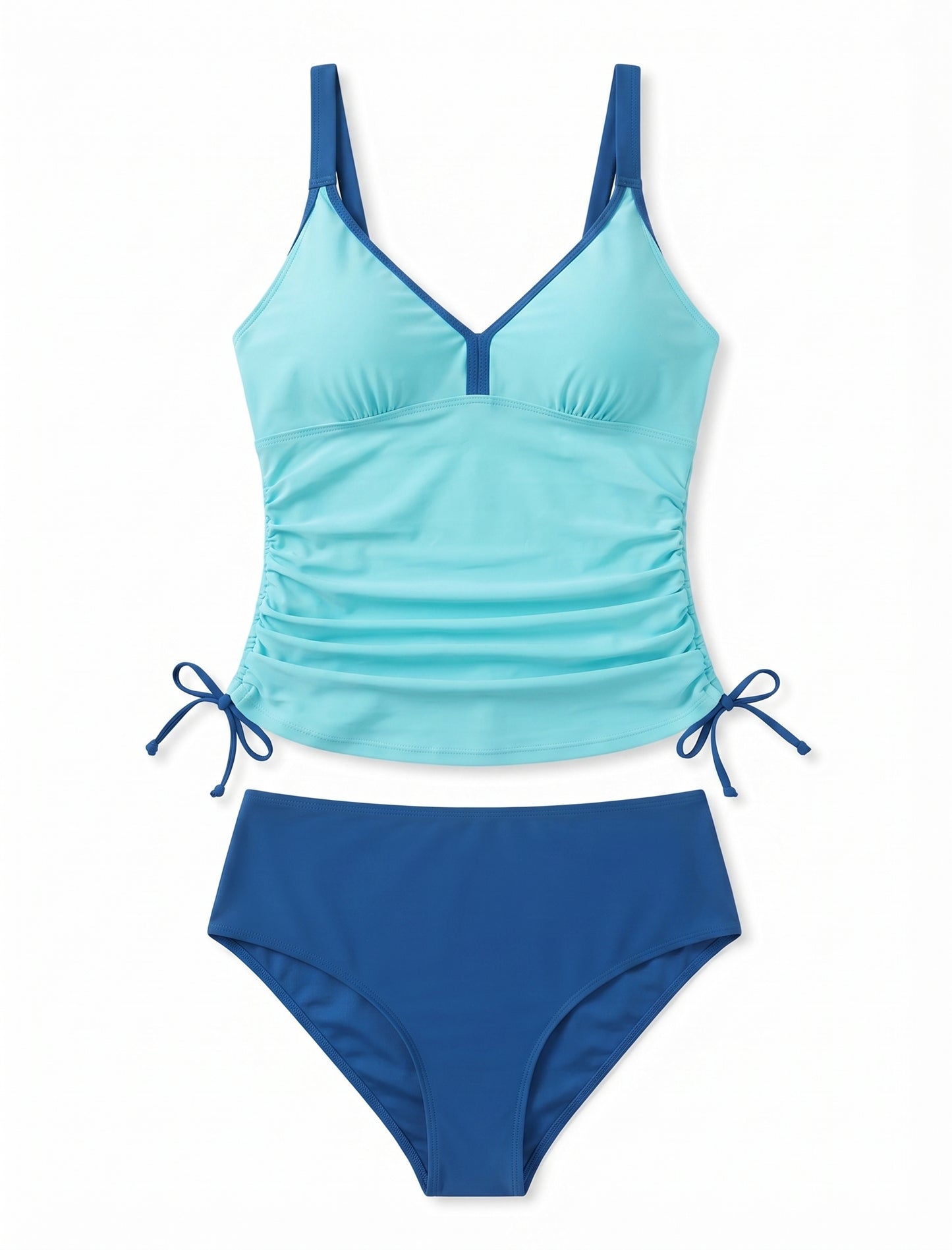 ZAFUL Women's Ruched Tankini Swimsuit – V-Neck, High Waist, Tummy Control, Blue, Size XL