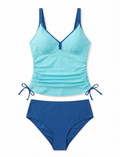 ZAFUL Women's Ruched Tankini Swimsuit – V-Neck, High Waist, Tummy Control, Blue, Size XL