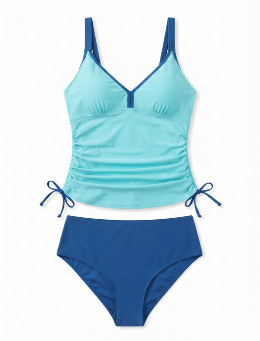 ZAFUL Women's Ruched Tankini Swimsuit – V-Neck, High Waist, Tummy Control, Blue, Size XL