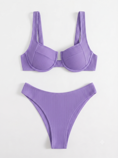 Women's SweatyRocks 2 Piece Bikini Set Striped Print Lilac Purple Size Medium
