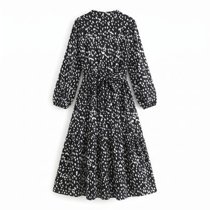 Yoyoveta Women's Leopard Print Long Sleeve V-Neck Ruffled Dress