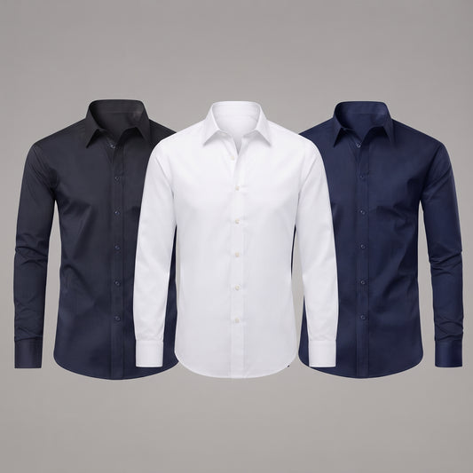 3-Pack Men's Long Sleeve Classic Dress Shirts – Black, Navy & White (Small)
