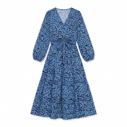 Yoyoveta Women's Leopard Print Long Sleeve V-Neck Ruffled Dress