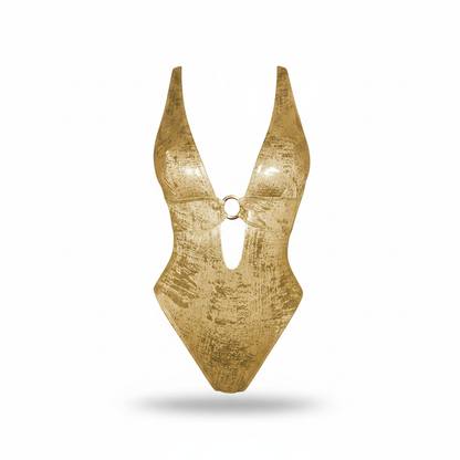 ChiaoLezhee Women's Metallic Gold Plunge Cutout One-Piece Swimsuit Size Small/0-2  - Open Package
