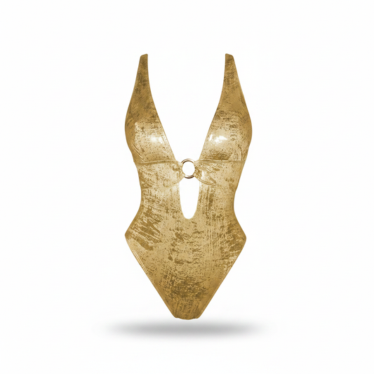 ChiaoLezhee Women's Metallic Gold Plunge Cutout One-Piece Swimsuit Size Small/0-2  - Open Package