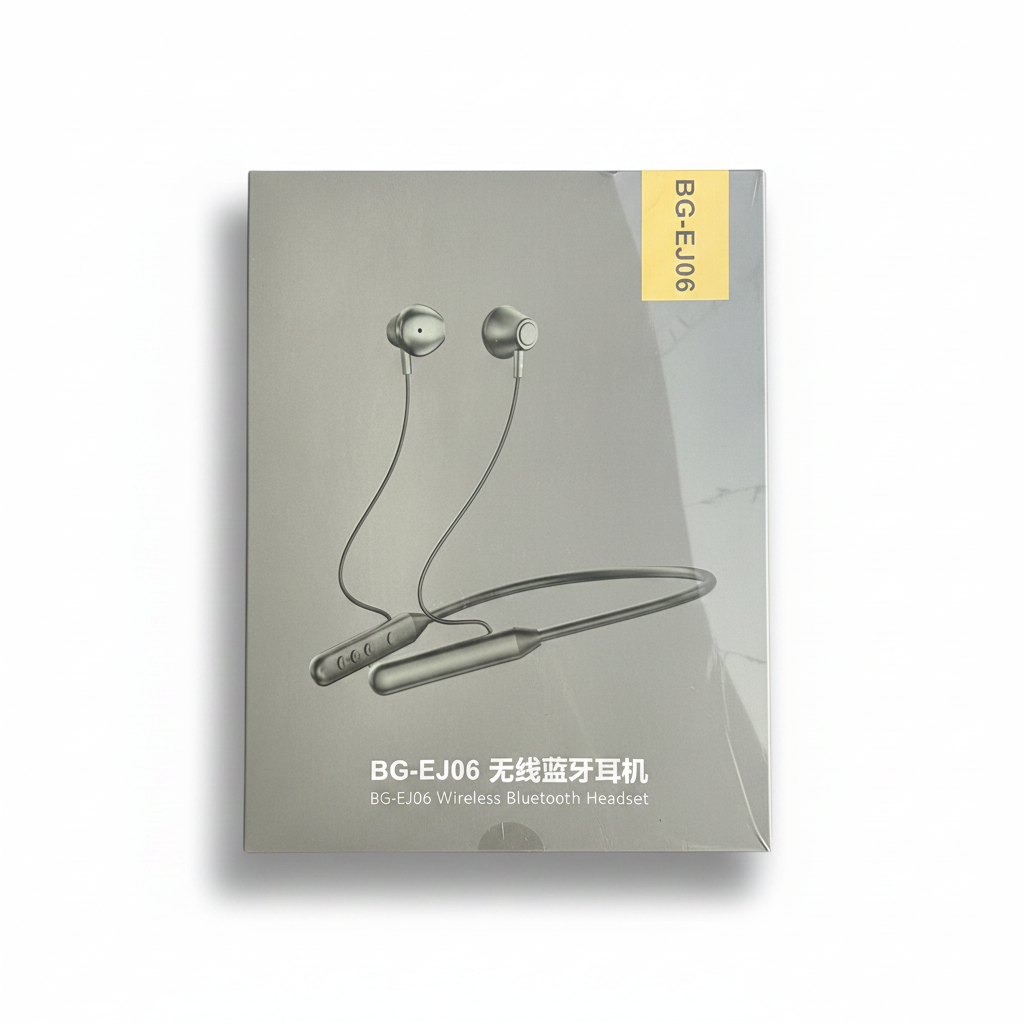 BG-EJ06 wireless Bluetooth headset green neckband style with inline controls and sealed packaging.