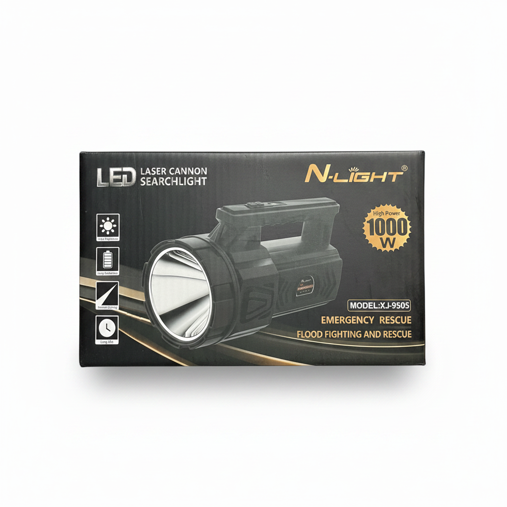 N-Light black flashlight with orange bezel, model XJ-9500, featuring branding and packaging icons.
