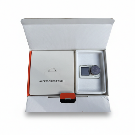 Apeman white 4K action camera with dual screens and original accessories pouch.