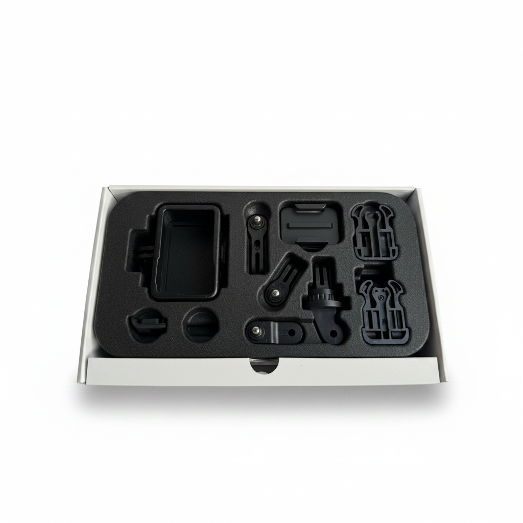 Apeman white 4K action camera with dual screens and original accessories pouch.