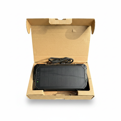 Wongkuo orange solar power bank with black casing and large solar panel.
