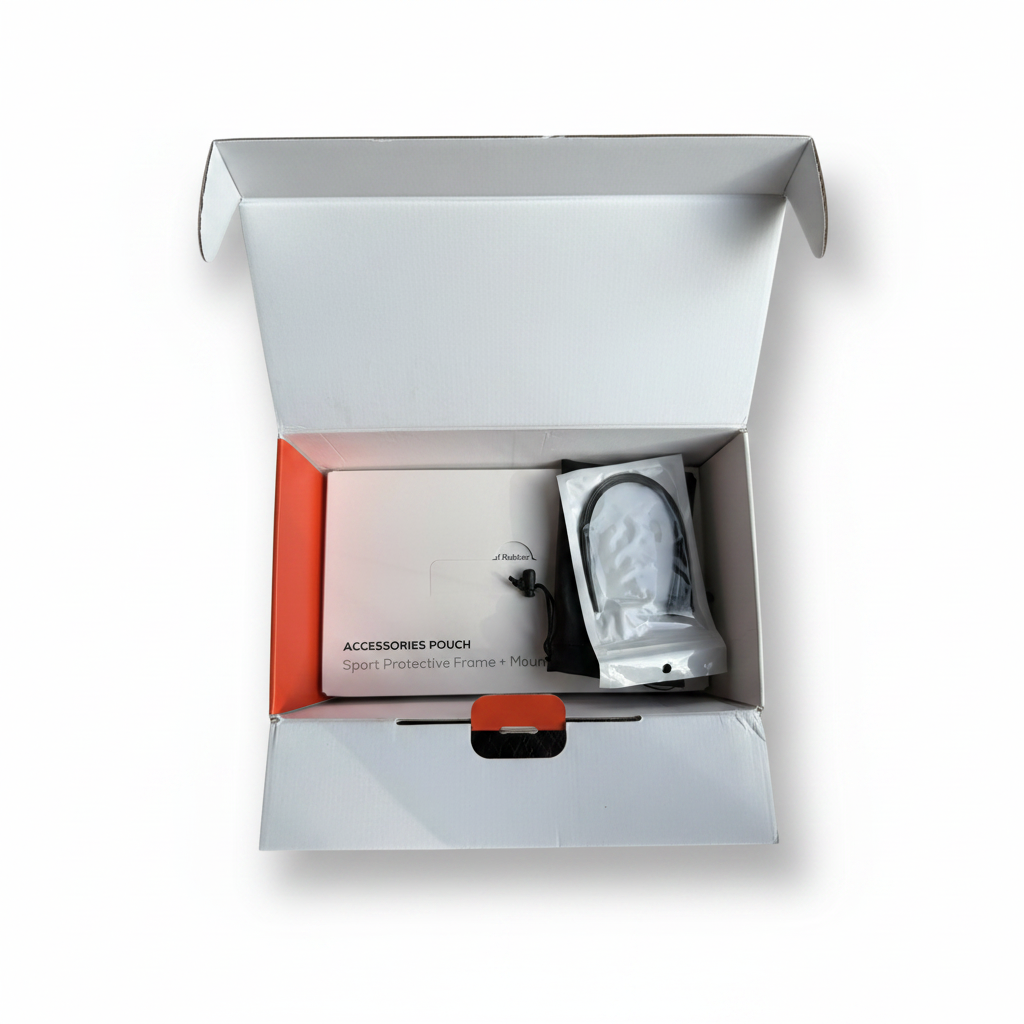 Apeman white 4K action camera with dual screens and original accessories pouch.