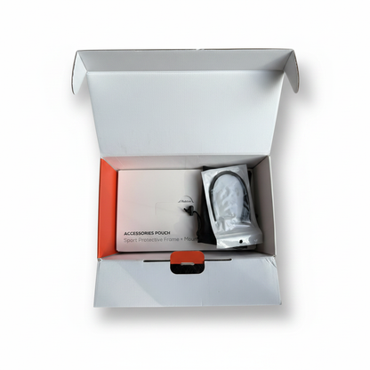 Apeman white 4K action camera with dual screens and original accessories pouch.