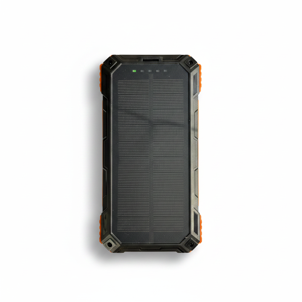 Wongkuo orange solar power bank with black casing and large solar panel.