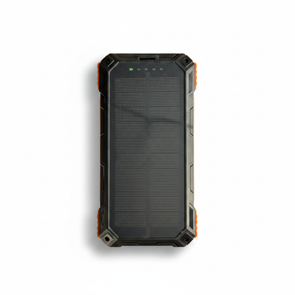 Wongkuo orange solar power bank with black casing and large solar panel.