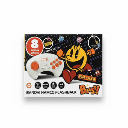 Bandai Namco white HDMI dongle retro game console with orange accents and Pac-Man keychain.