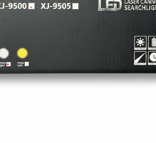 N-Light black flashlight with orange bezel, model XJ-9500, featuring branding and packaging icons.