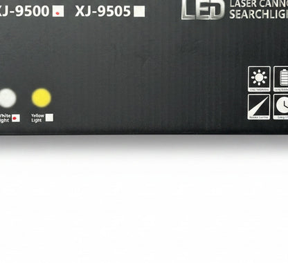 N-Light black flashlight with orange bezel, model XJ-9500, featuring branding and packaging icons.