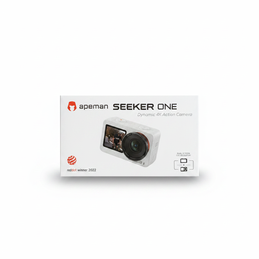 Apeman white 4K action camera with dual screens and original accessories pouch.