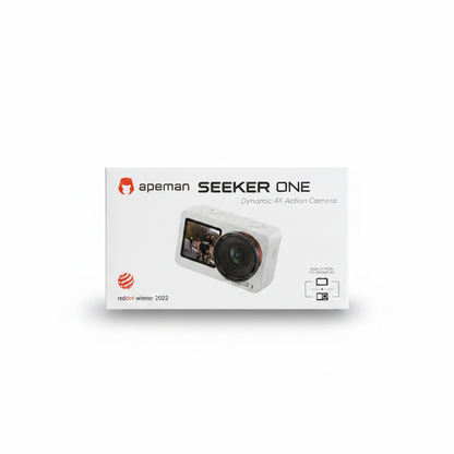 Apeman white 4K action camera with dual screens and original accessories pouch.