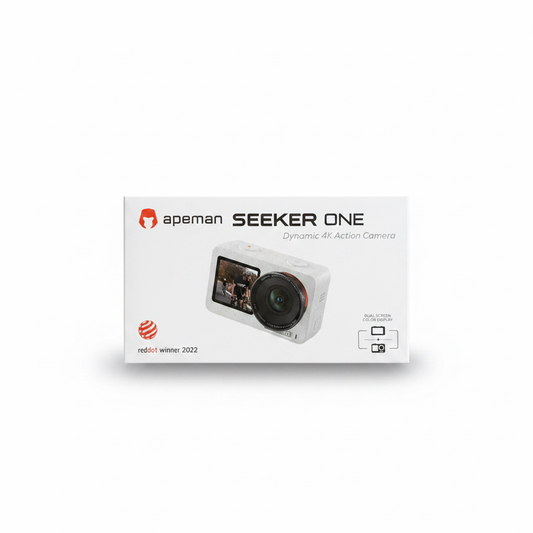 Apeman white 4K action camera with dual screens and original accessories pouch.