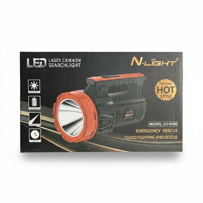 N-Light black flashlight with orange bezel, model XJ-9500, featuring branding and packaging icons.