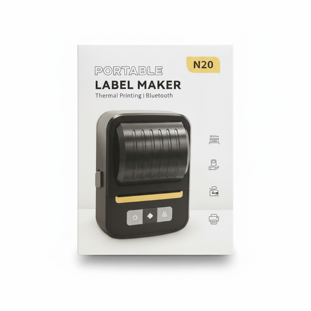 N20 black portable label maker with Bluetooth connectivity and thermal printing features.