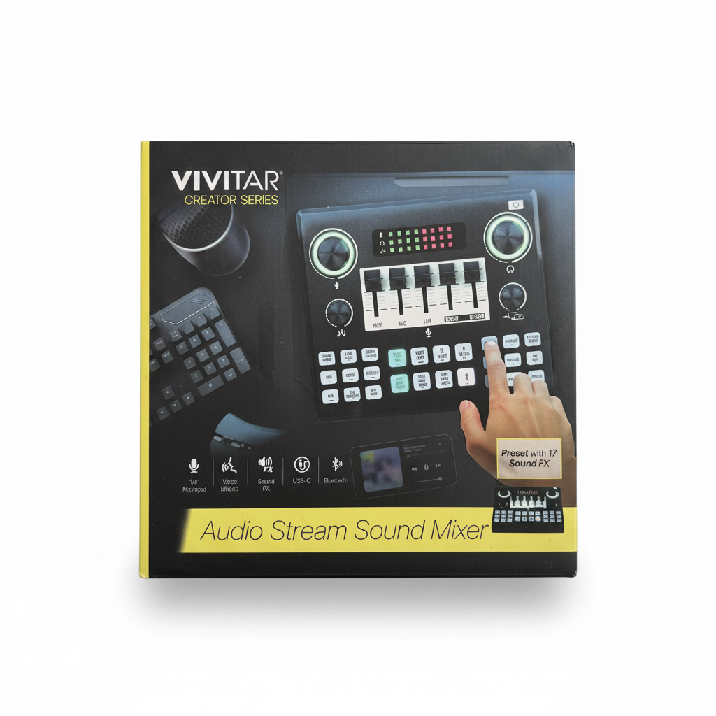 Vivitar black audio mixer with USB-C, Bluetooth, and multiple sound effect controls.