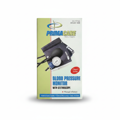 PrimaCare black blood pressure monitor with stethoscope, sealed box, professional quality design.