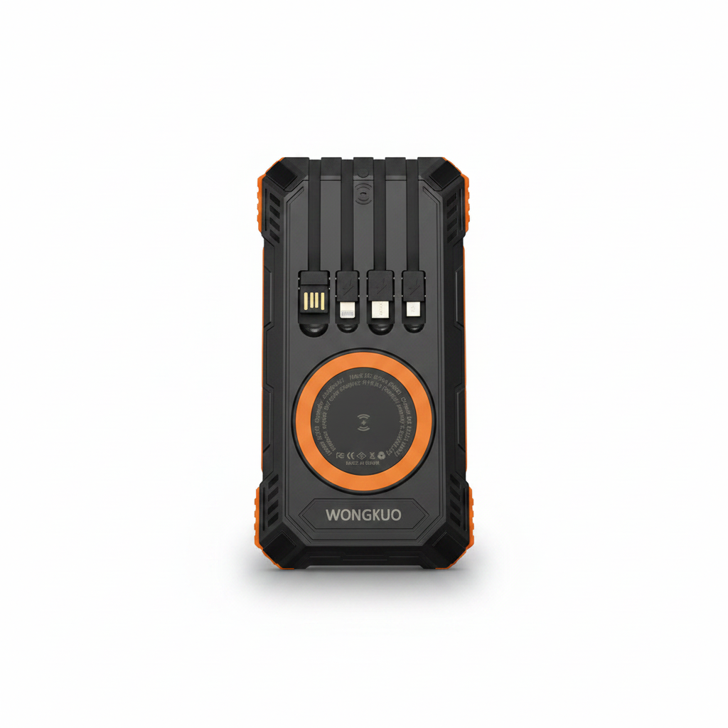 Wongkuo orange solar power bank with black casing and large solar panel.