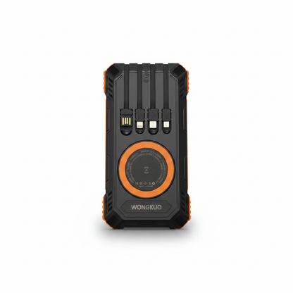 Wongkuo orange solar power bank with black casing and large solar panel.