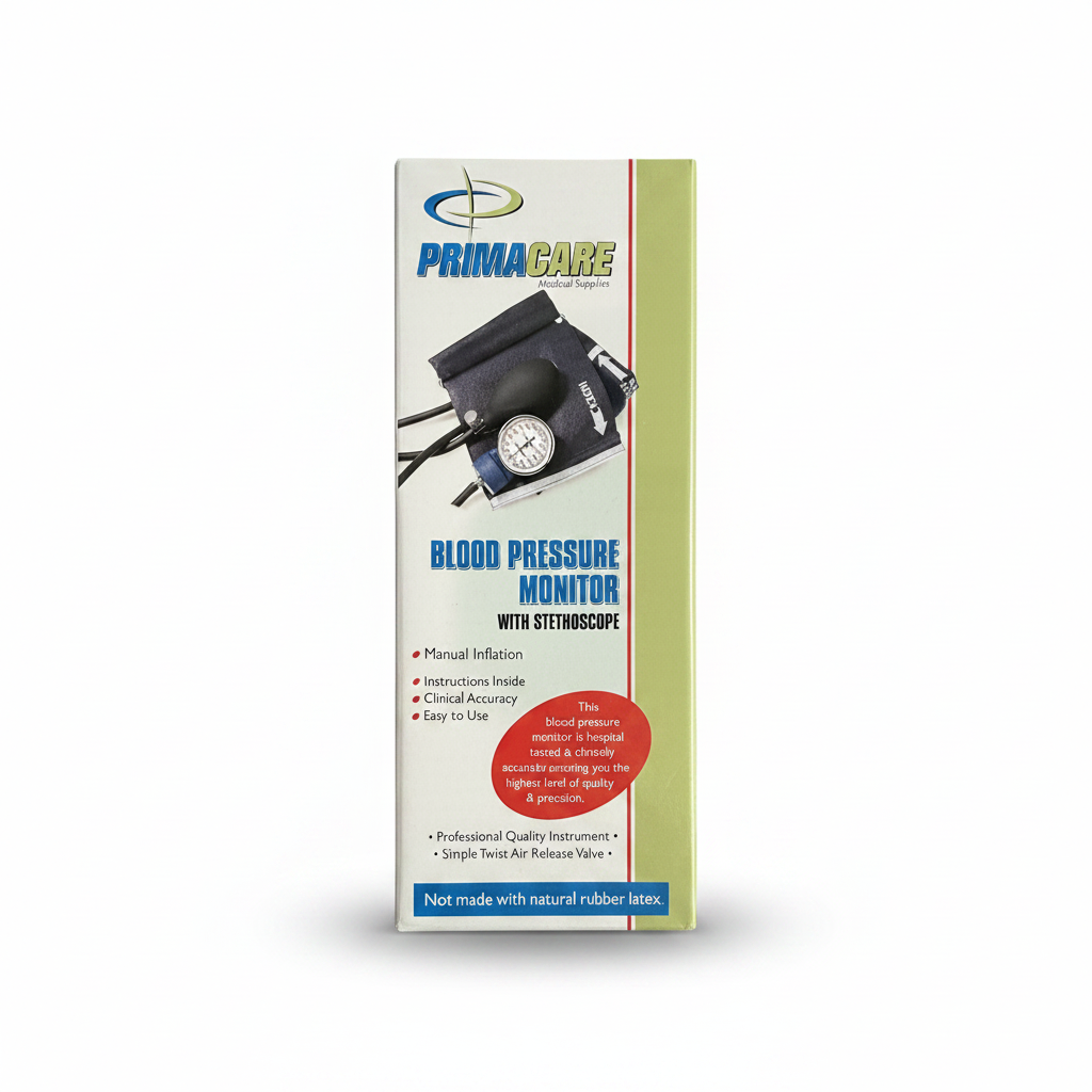 PrimaCare black blood pressure monitor with stethoscope, sealed box, professional quality design.