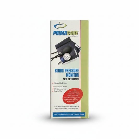 PrimaCare black blood pressure monitor with stethoscope, sealed box, professional quality design.