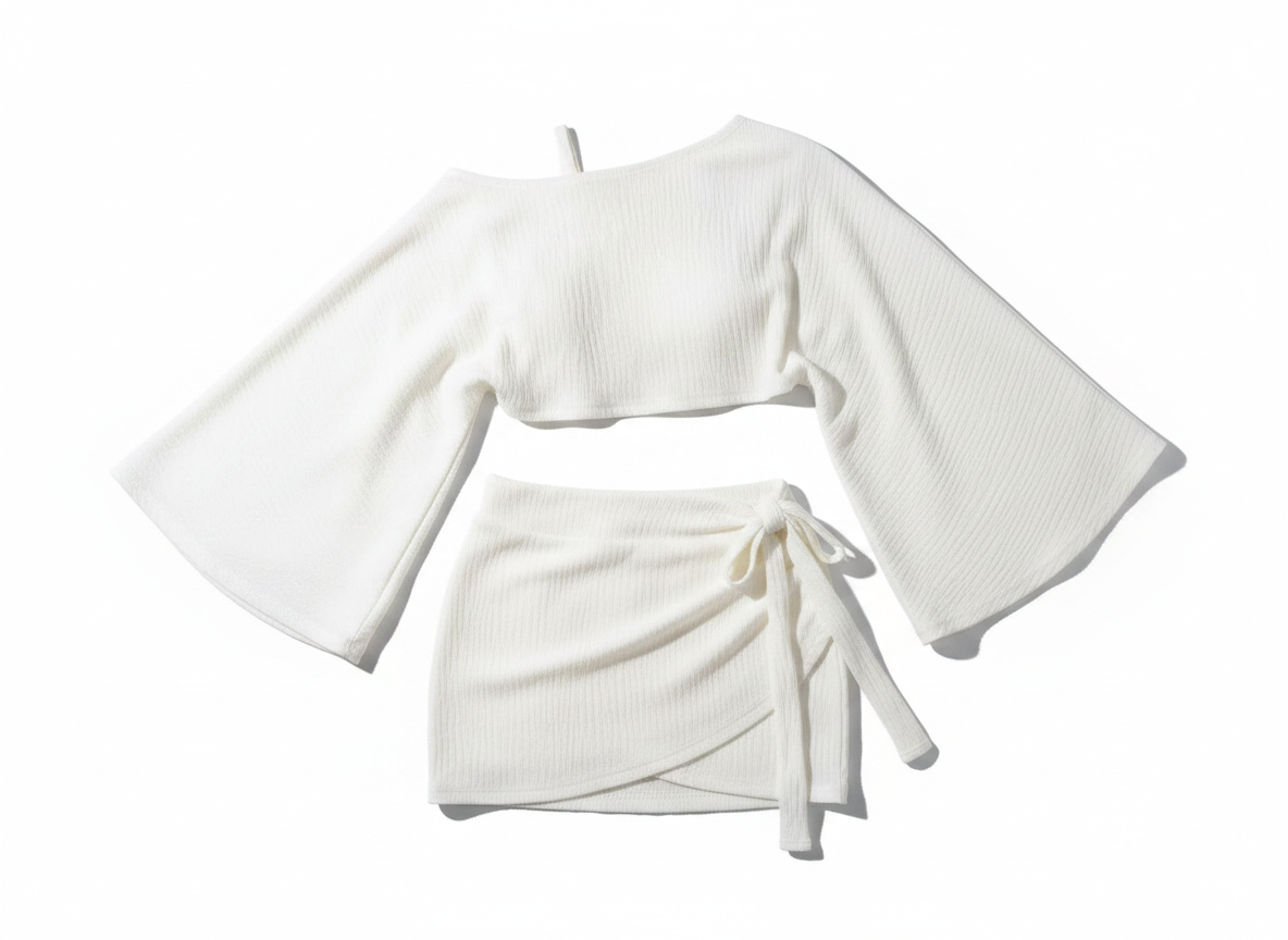 Women's Textured Asymmetrical Shoulder Crop Top & High Waist Tie Waist Mini Skirt Set White Size Medium - Open package