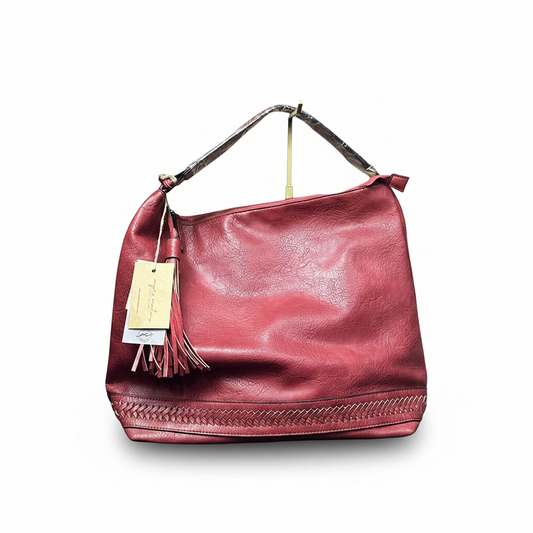 Rich Red Leather Hobo Bag with Braided Trim & Tassel Detail