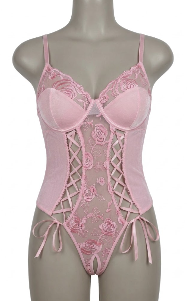Women's Avidlove Lace-Up Front Lingerie Bodysuit – Pink (Size L) - Open Package