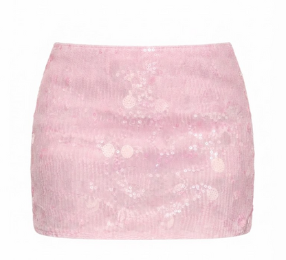 MAKEMECHIC Women's Sparkly Sequin Mini Skirt with Shorts Underneath Pink Size Large