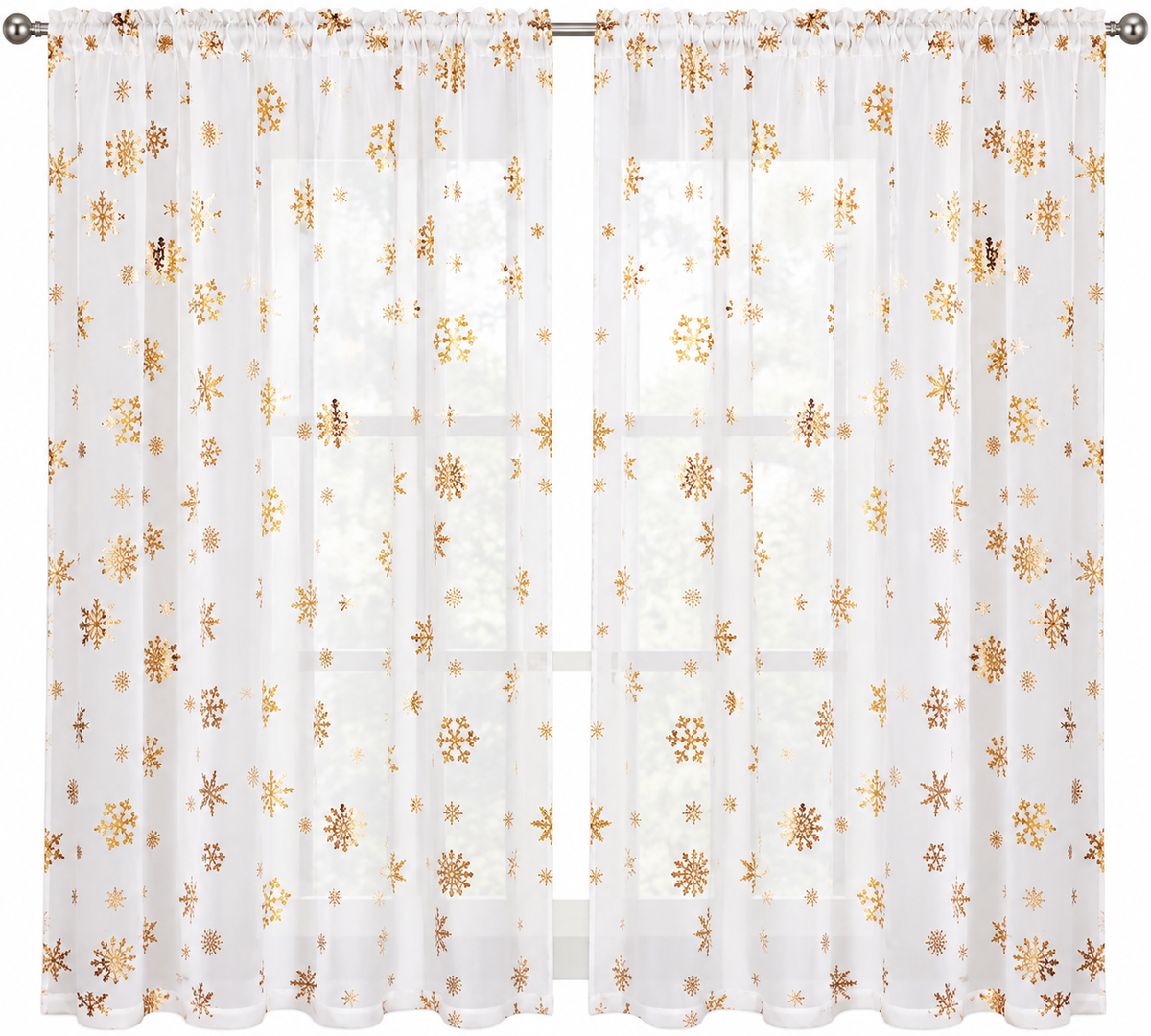 Christmas Sheer Curtains, Gold Snowflake Foil Print, 52 × 63 Inches, 2 Panels
