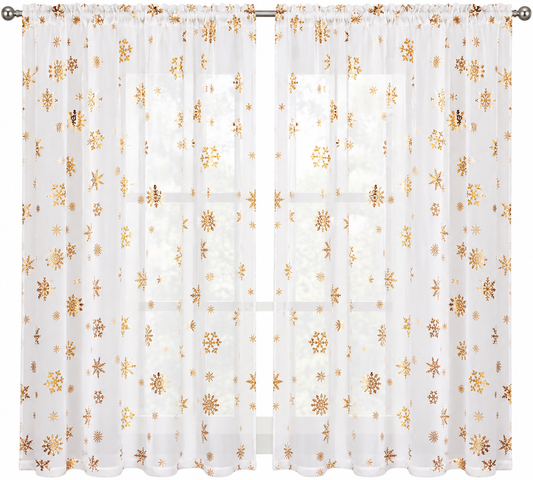 Christmas Sheer Curtains, Gold Snowflake Foil Print, 52 × 63 Inches, 2 Panels