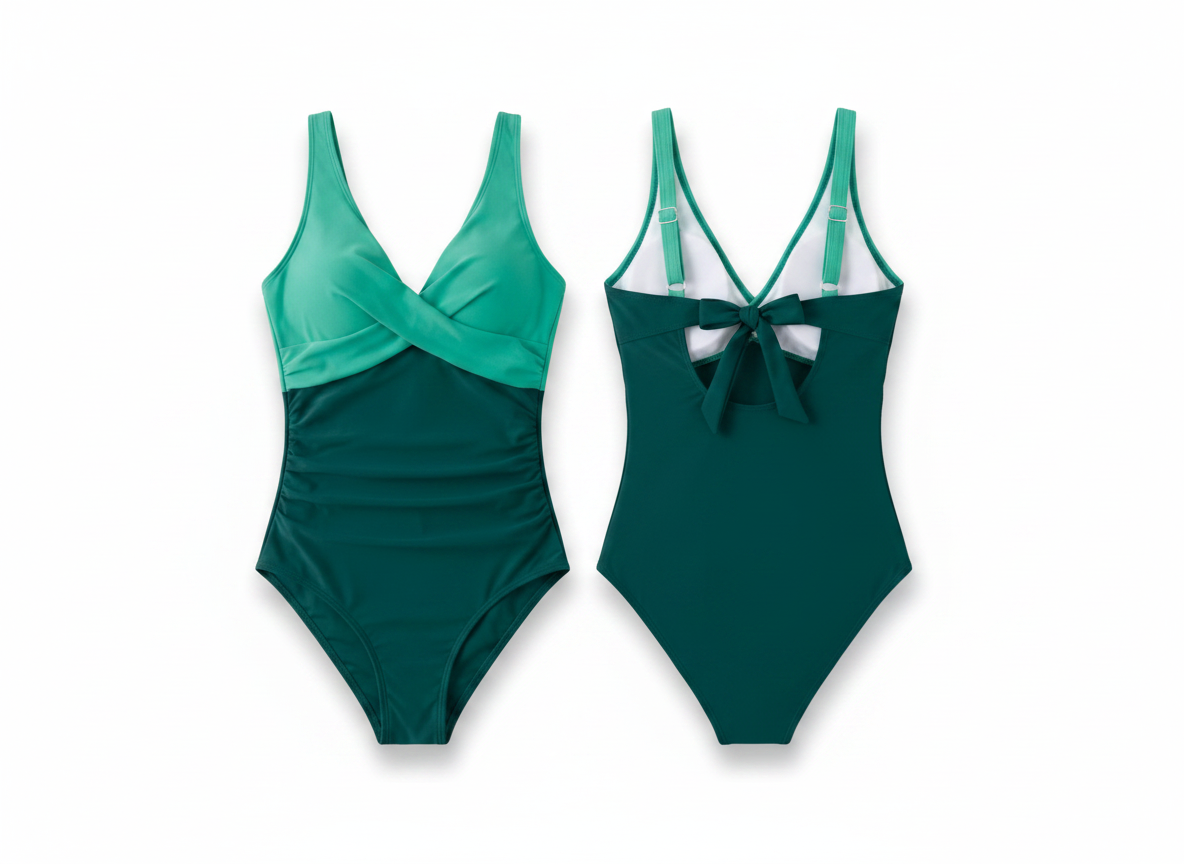 Eomenie Women’s Ruched Tummy Control One-Piece Swimsuit  Color Block Green Size X-Large