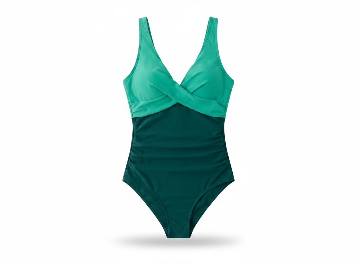Eomenie Women’s Ruched Tummy Control One-Piece Swimsuit  Color Block Green Size X-Large